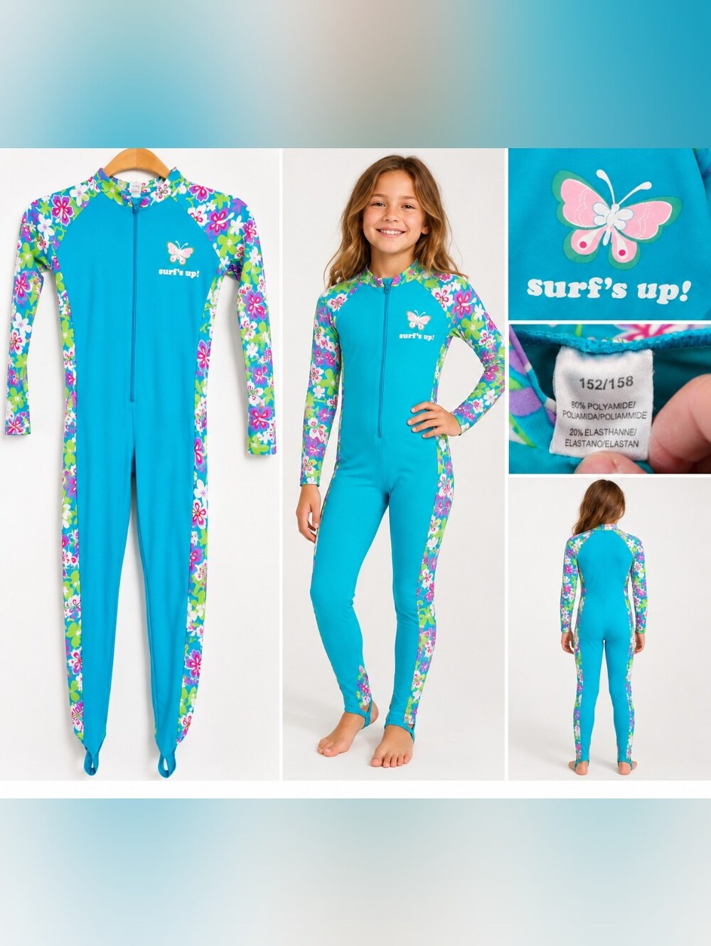 Surf's Up Girls XL 152/158 Floral One Piece Rash Guard Swimsuit Zip Front